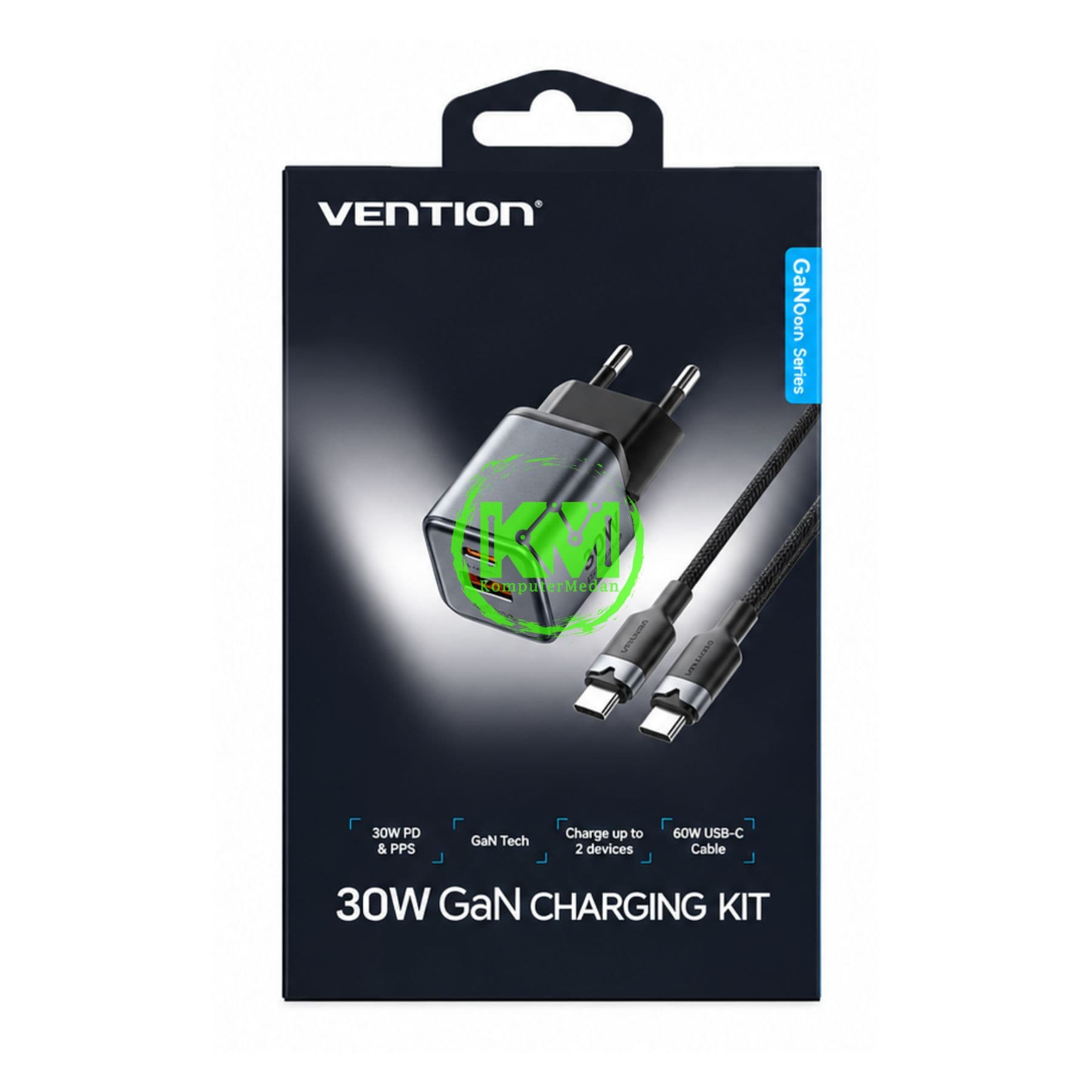 VENTION GANDASH 2-PORT USB (C + A) GANDASH CHARGER (30W/18W) GRAY WITH USB-C TO USB-C CABLE (1M) BLACK EU-PLUG (TZ-FEWH0-EU) - NP - Image 1