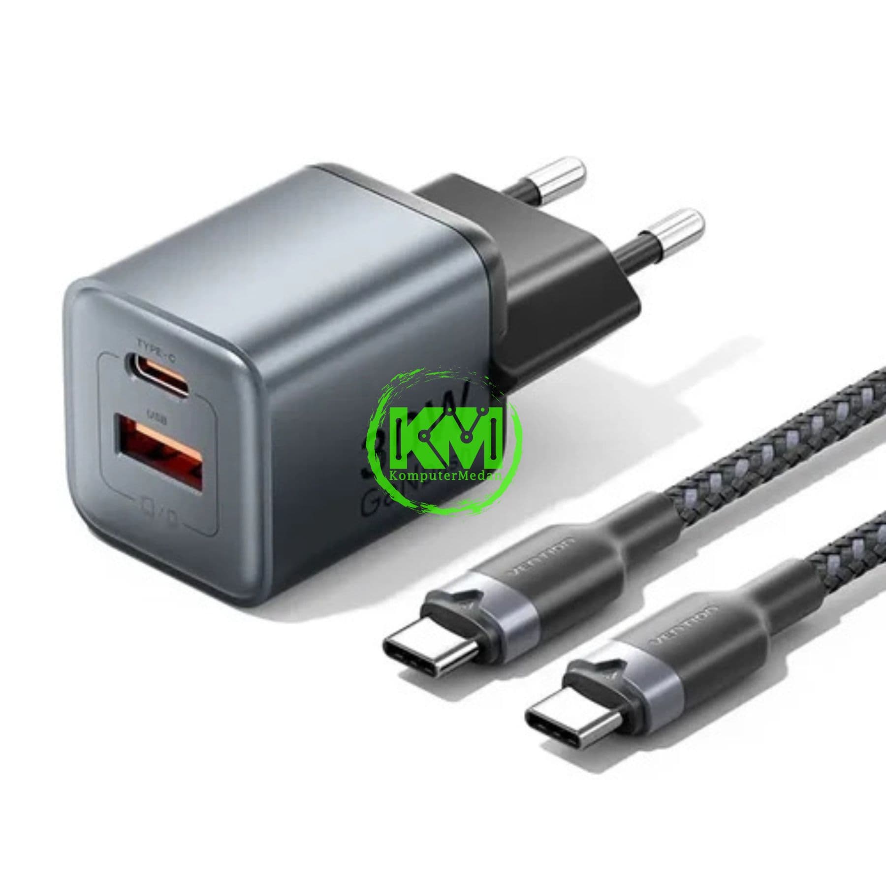 VENTION GANDASH 2-PORT USB (C + A) GANDASH CHARGER (30W/18W) GRAY WITH USB-C TO USB-C CABLE (1M) BLACK EU-PLUG (TZ-FEWH0-EU) - NP - Image 2