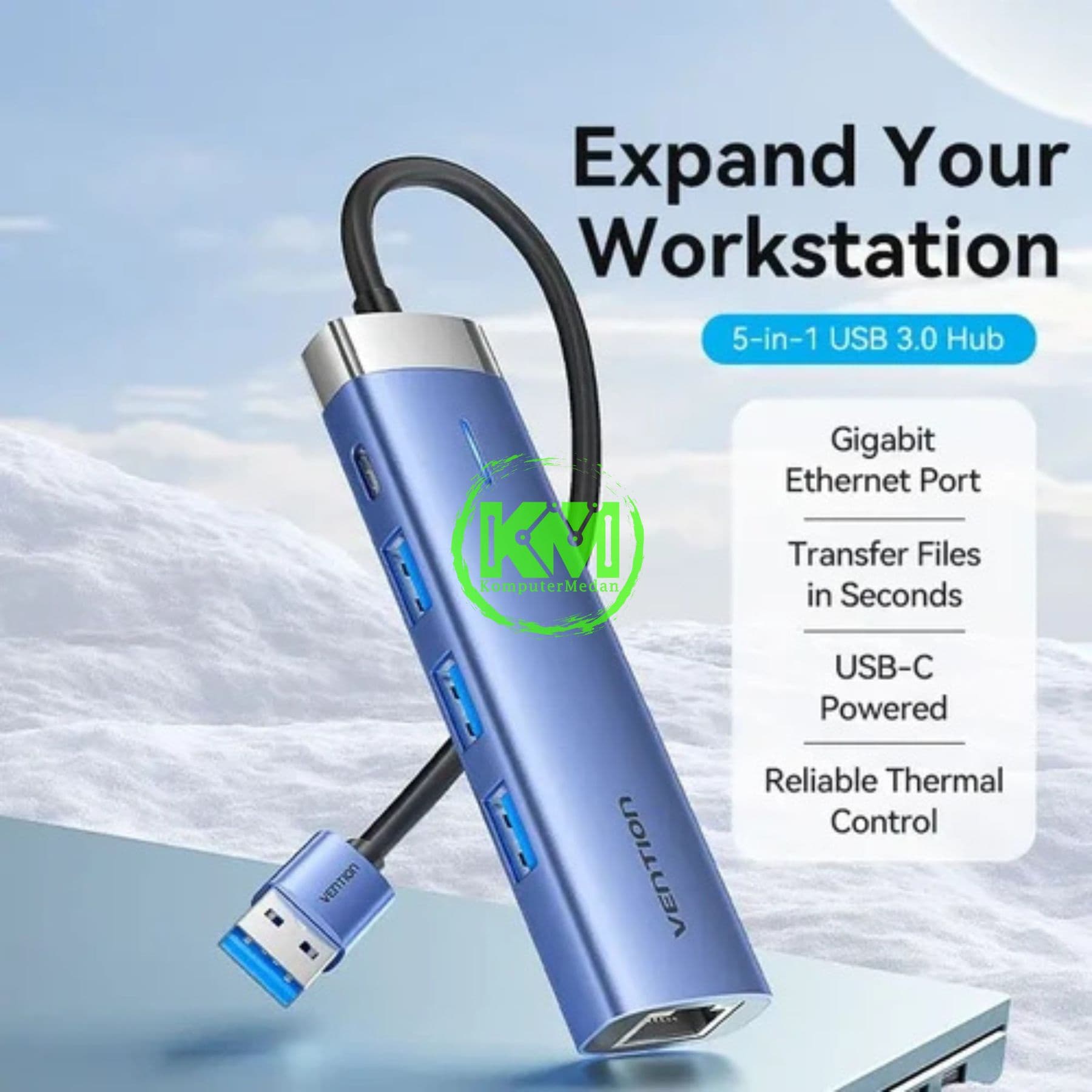VENTION 5 IN 1 USB 3.0 TO USB 3.0 X 3/RJ45/USB-C HUB 0.15M BLUE ALUMINUM ALLOY TYPE (TGFSB) - NP - Image 3