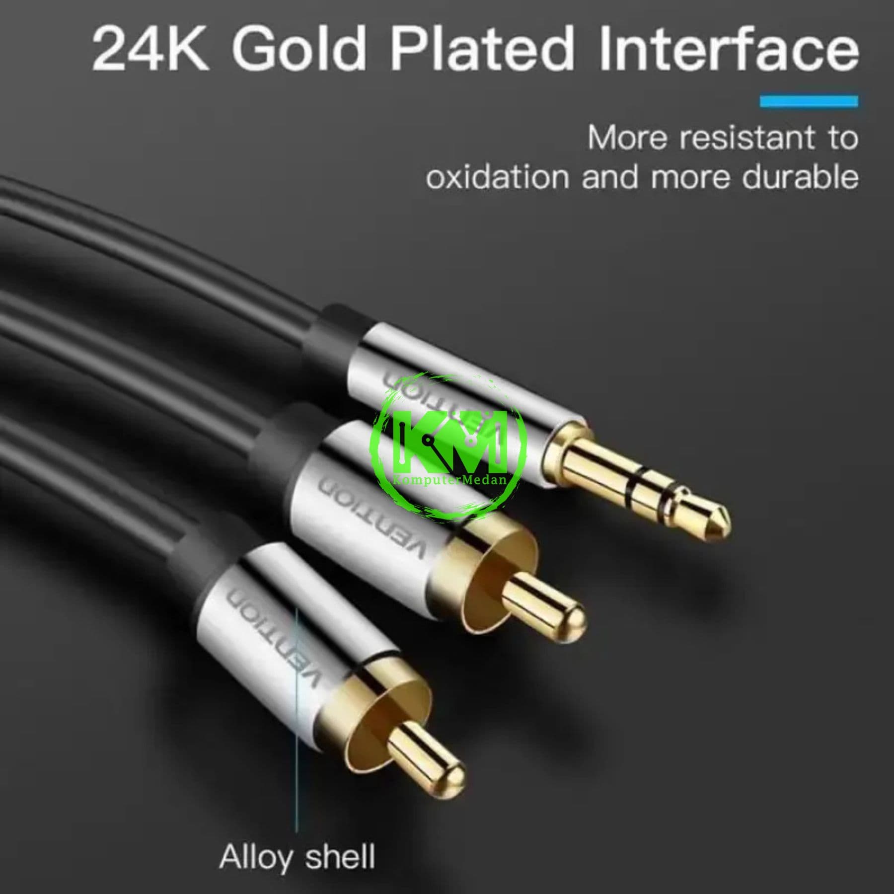 VENTION 3.5MM MALE TO 2RCA MALE AUDIO CABLE 3M BLACK METAL TYPE (BCFBI) - Image 2