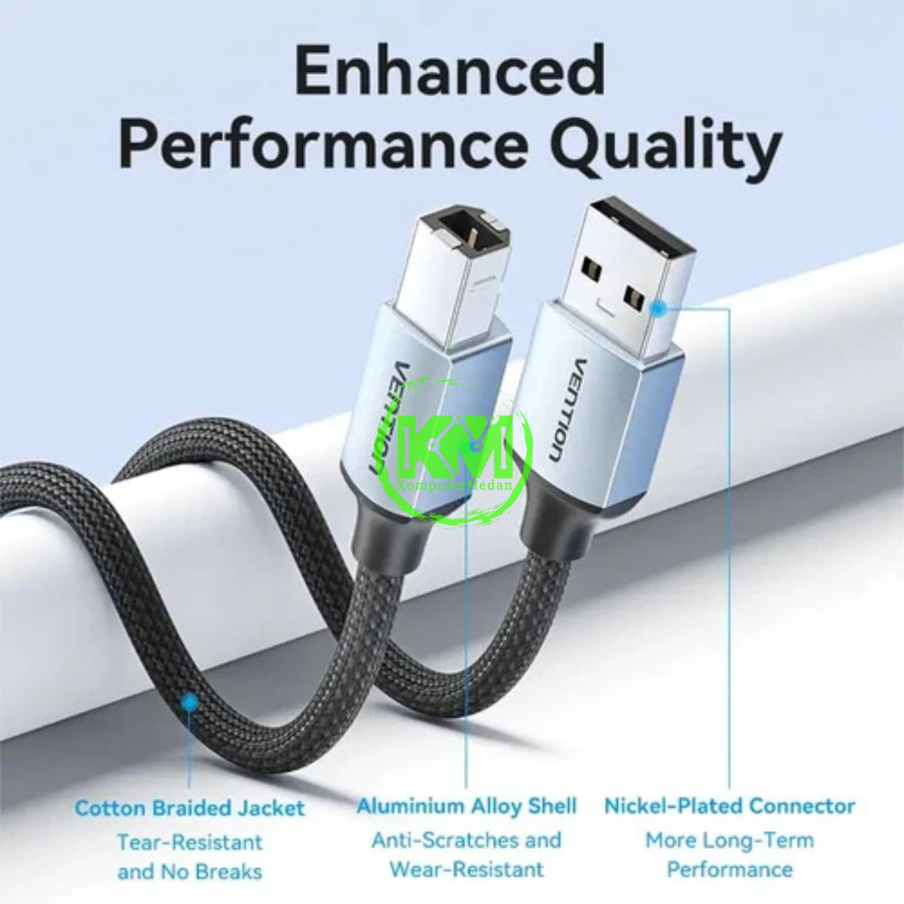 VENTION COTTON BRAIDED USB 2.0 A MALE TO B MALE PRINTER CABLE 5M GRAY ALUMINUM ALLOY TYPE (CTTHJ) - Image 6