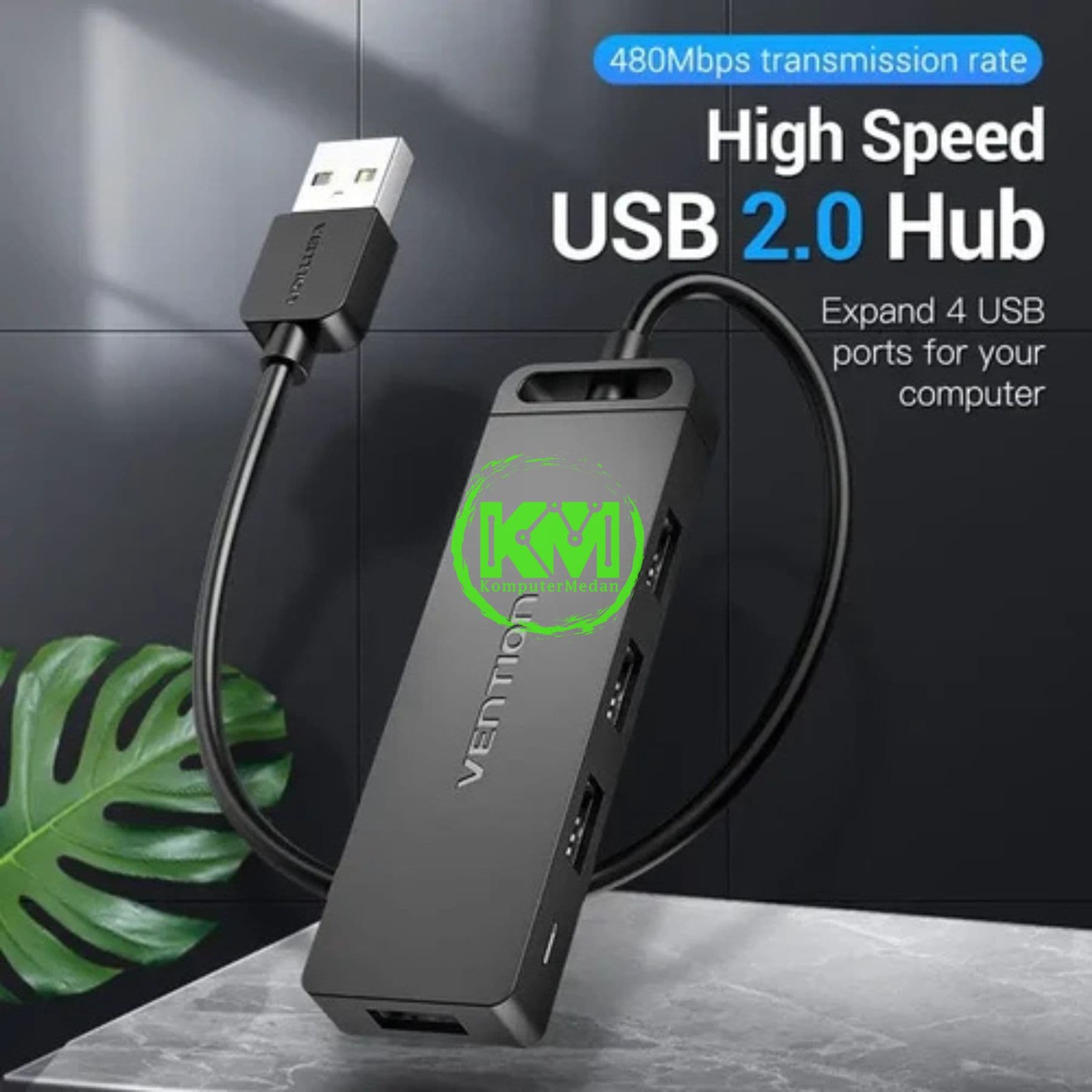 VENTION 4-PORT USB 2.0 HUB WITH POWER SUPPLY 0.15M BLACK (CHMBB) - Image 2