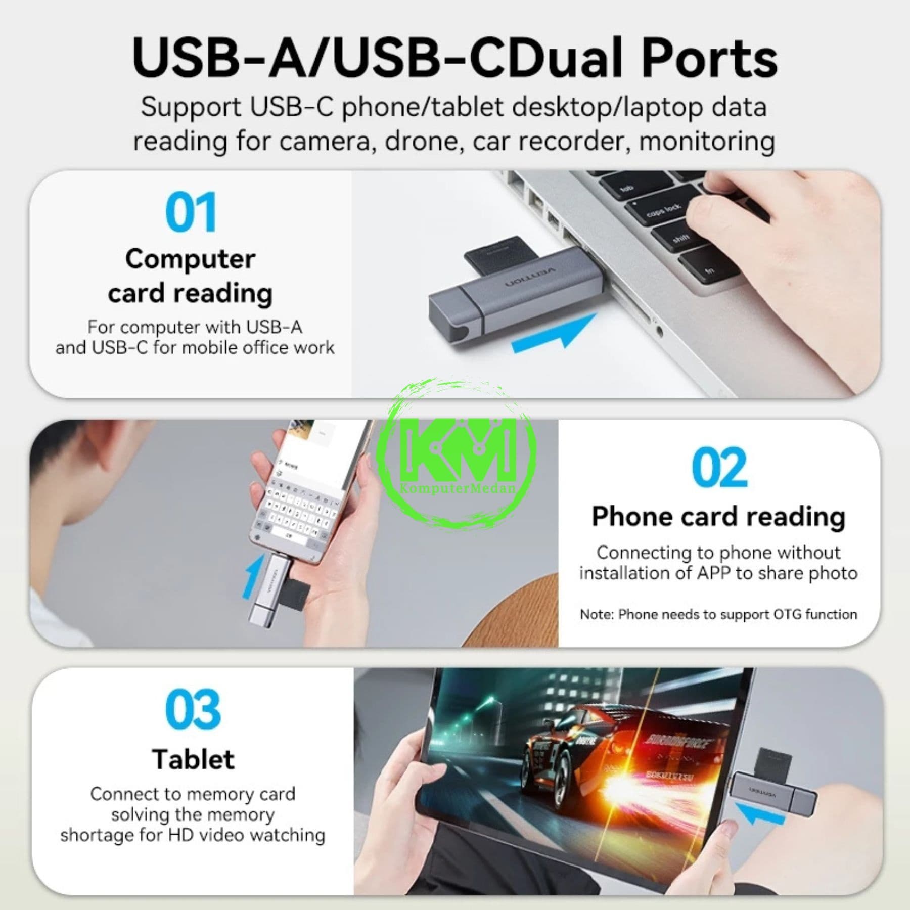 VENTION 2-IN-1 USB 3.0 A+C CARD READER (SD+TF) GRAY DUAL DRIVE (CLLH0) - Image 6