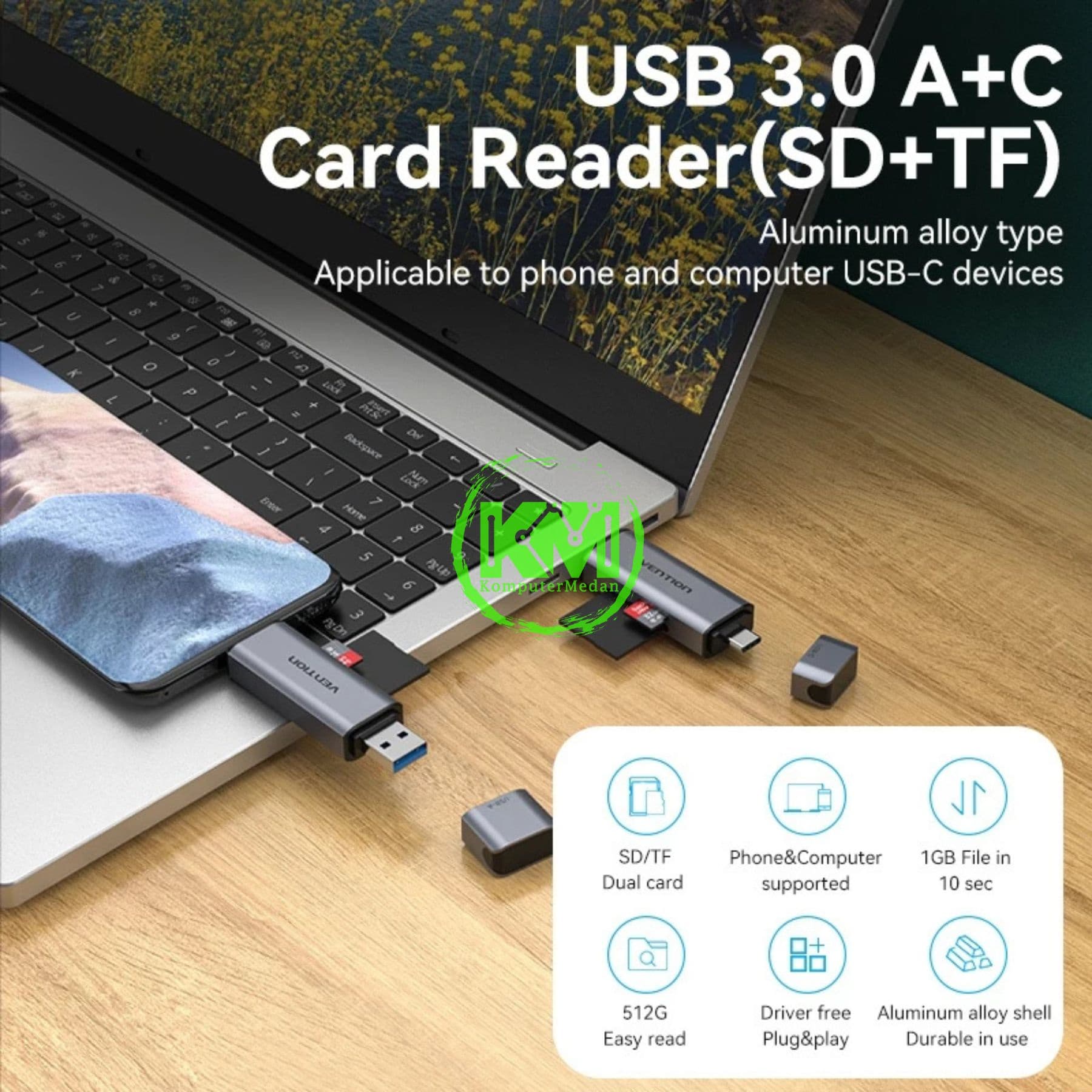 VENTION 2-IN-1 USB 3.0 A+C CARD READER (SD+TF) GRAY DUAL DRIVE (CLLH0) - Image 5