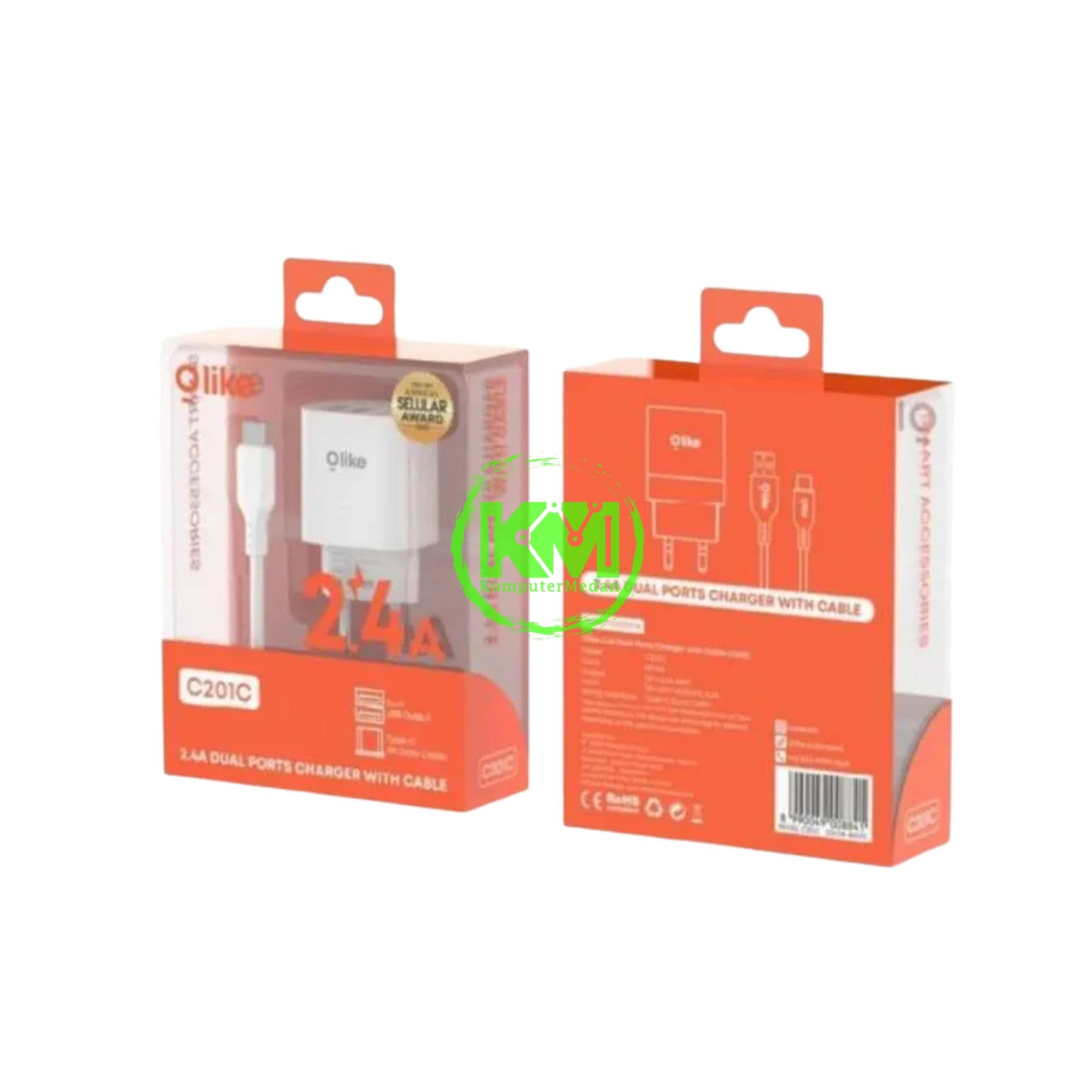 OLIKE 2.4A DUAL PORTS CHARGER WITH CABLE C201C WHITE - Image 3
